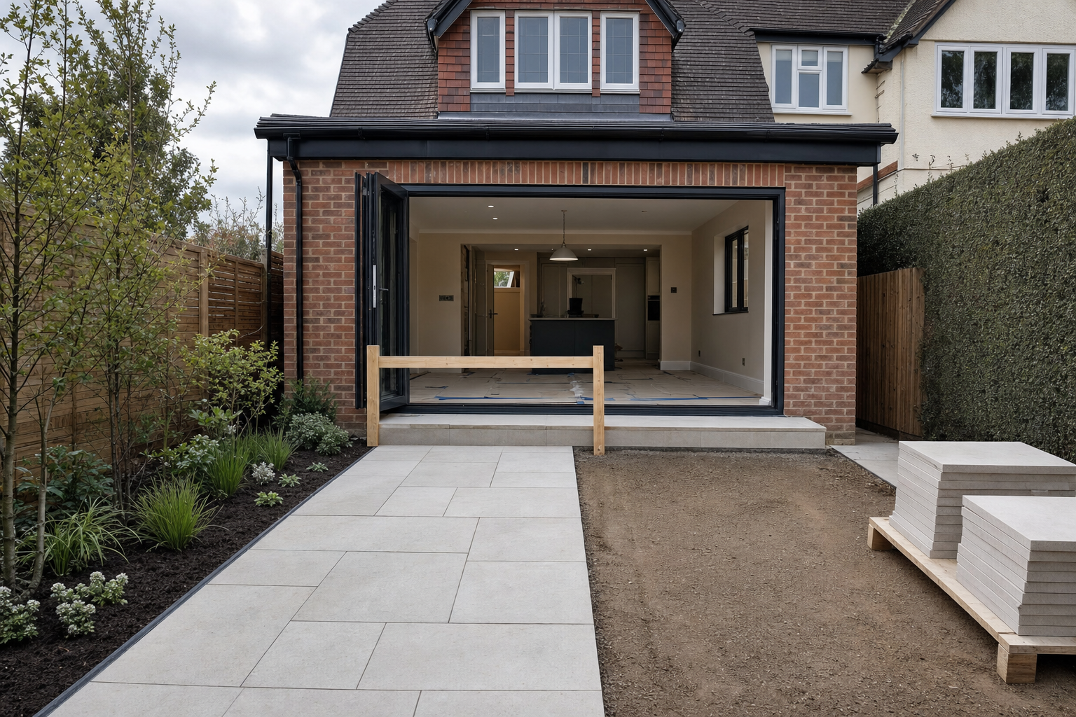 Open-plan kitchen extension with sliding doors, a newly paved path, and landscaping in progress.