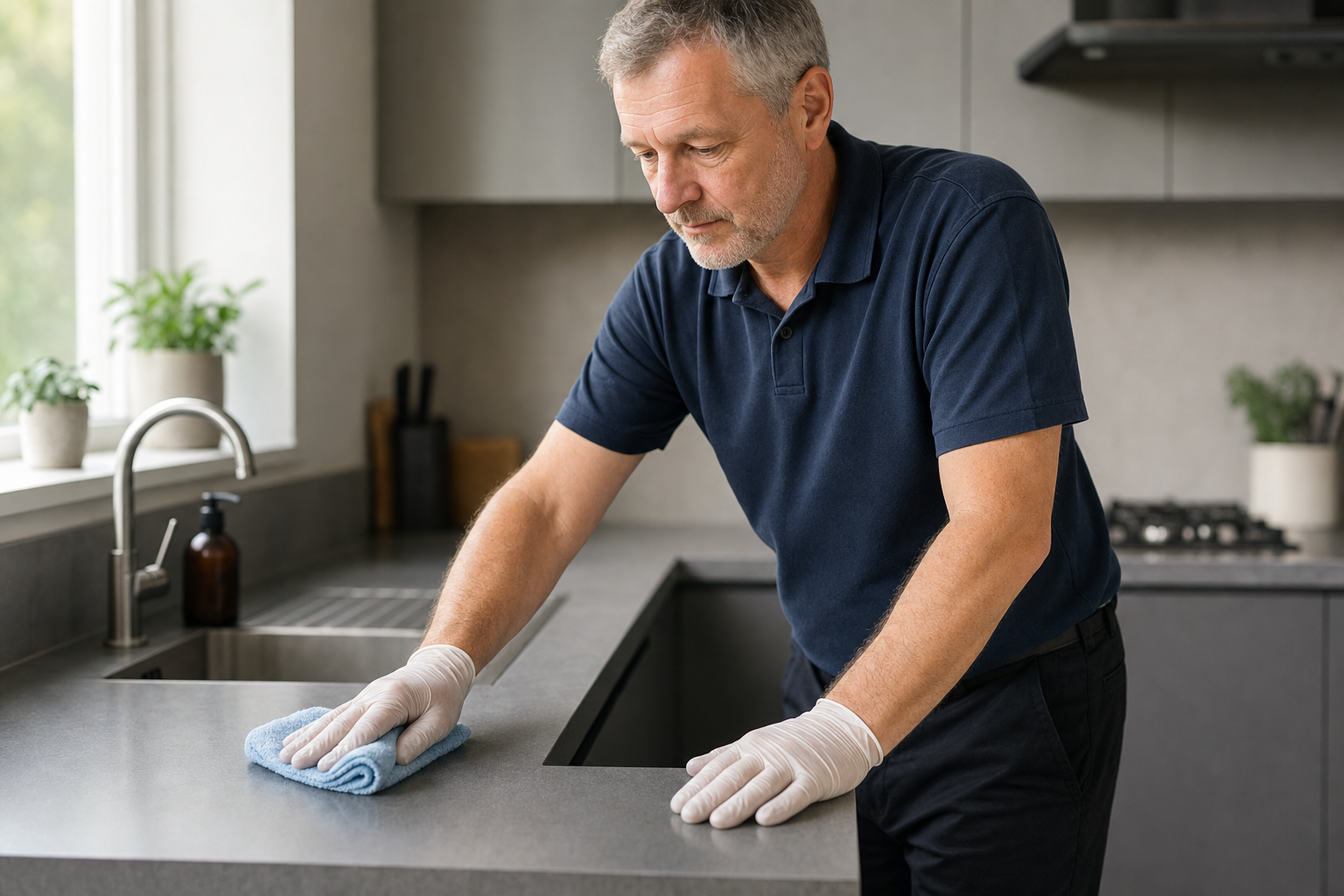 Man wearing gloves cleans a kitchen worktop with a blue cloth.
