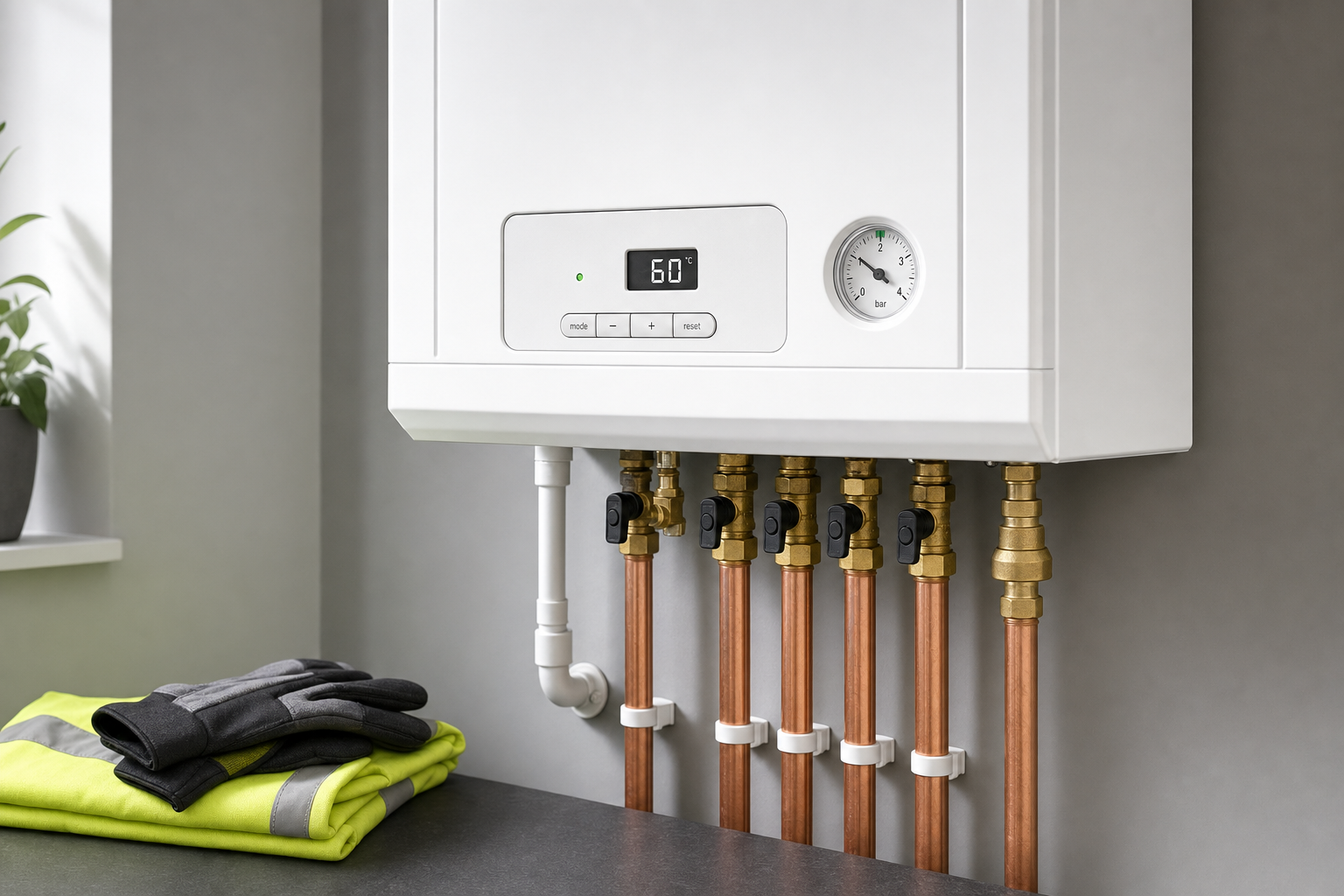 Modern boiler with temperature set to 60°C, copper piping, and work gloves on a nearby surface.