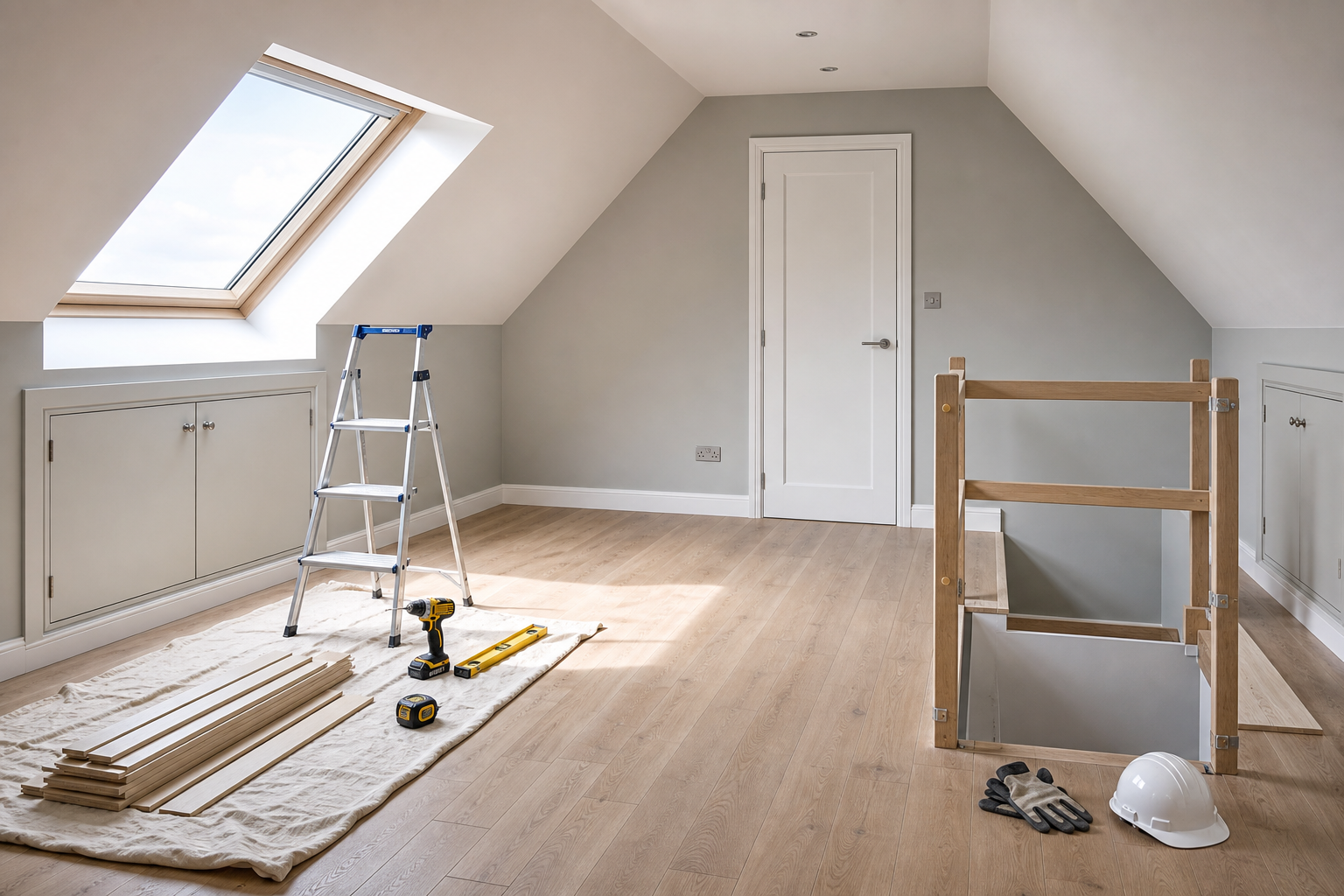 Attic room under renovation with tools, a ladder, and a skylight.