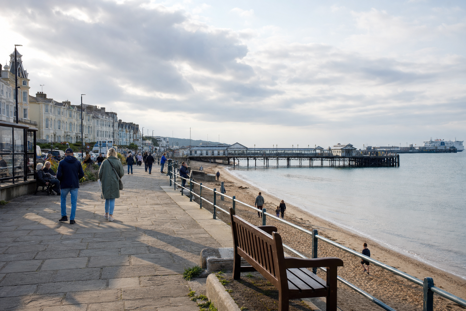 People strolling along a seaside promenade with a pier and sandy beach under a cloudy sky.