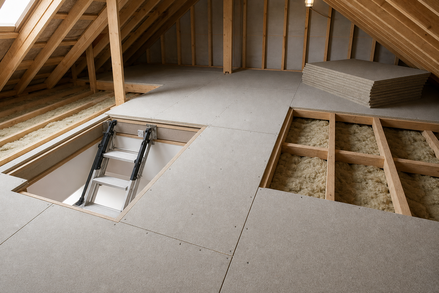 A partially boarded loft with exposed insulation and a retractable ladder leading down through an open hatch.