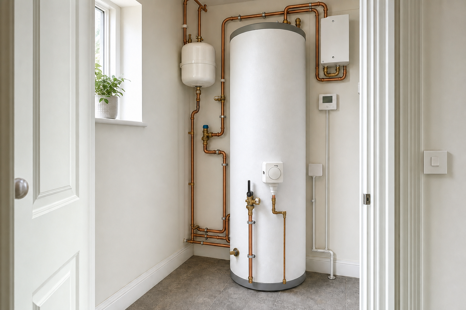 A modern hot water cylinder with copper pipes in a utility room, with a potted plant on the windowsill.