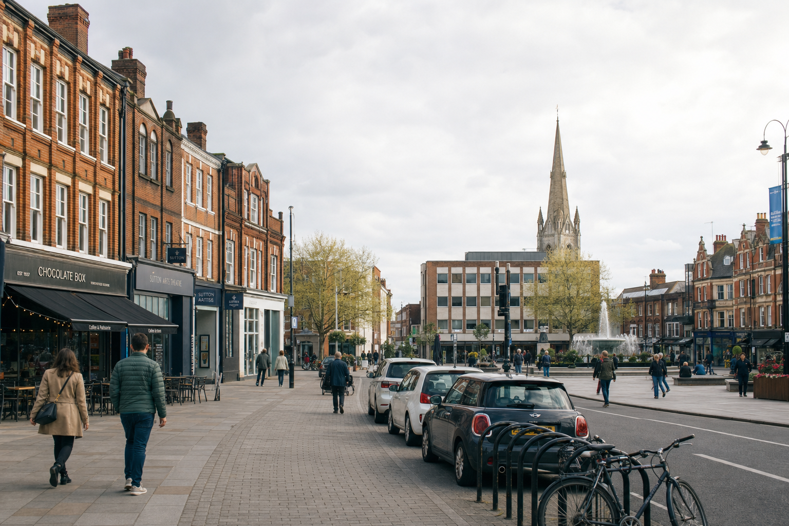 High street scene with pedestrians near brick buildings and a distant church spire on a cloudy day.