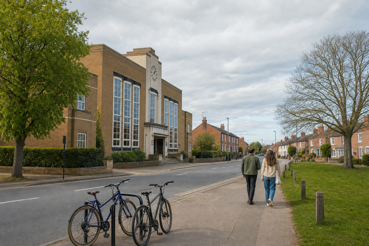 Two people walk along a suburban street past bicycles and a large building with a clock, under a cloudy sky.