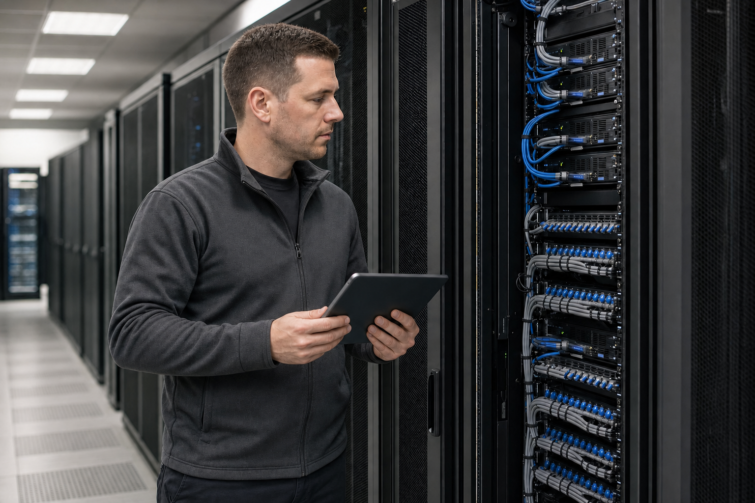A technician in a data centre inspects server racks while holding a tablet.