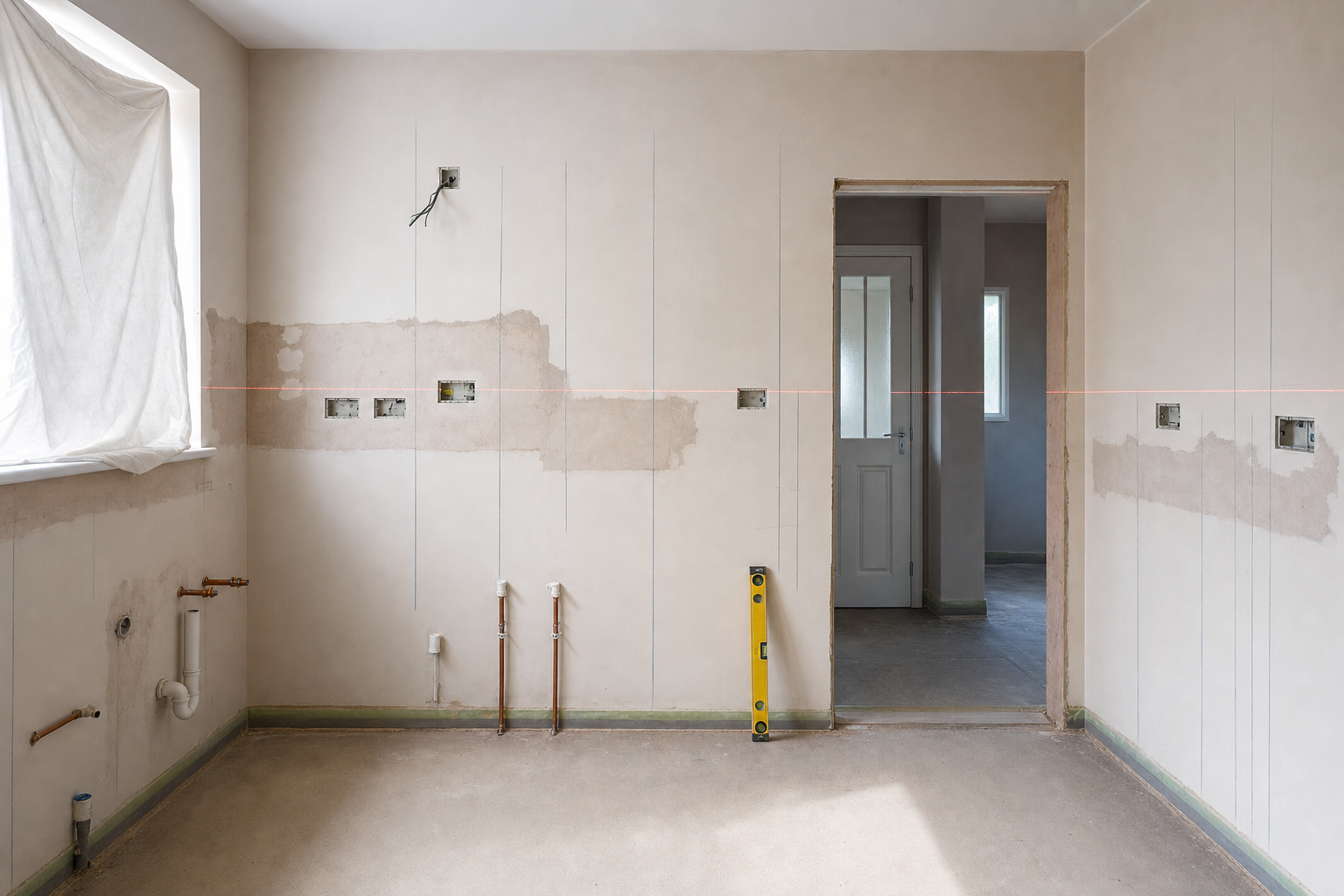 Unfinished kitchen with exposed wiring and pipes, featuring marked walls and a door leading to another room.