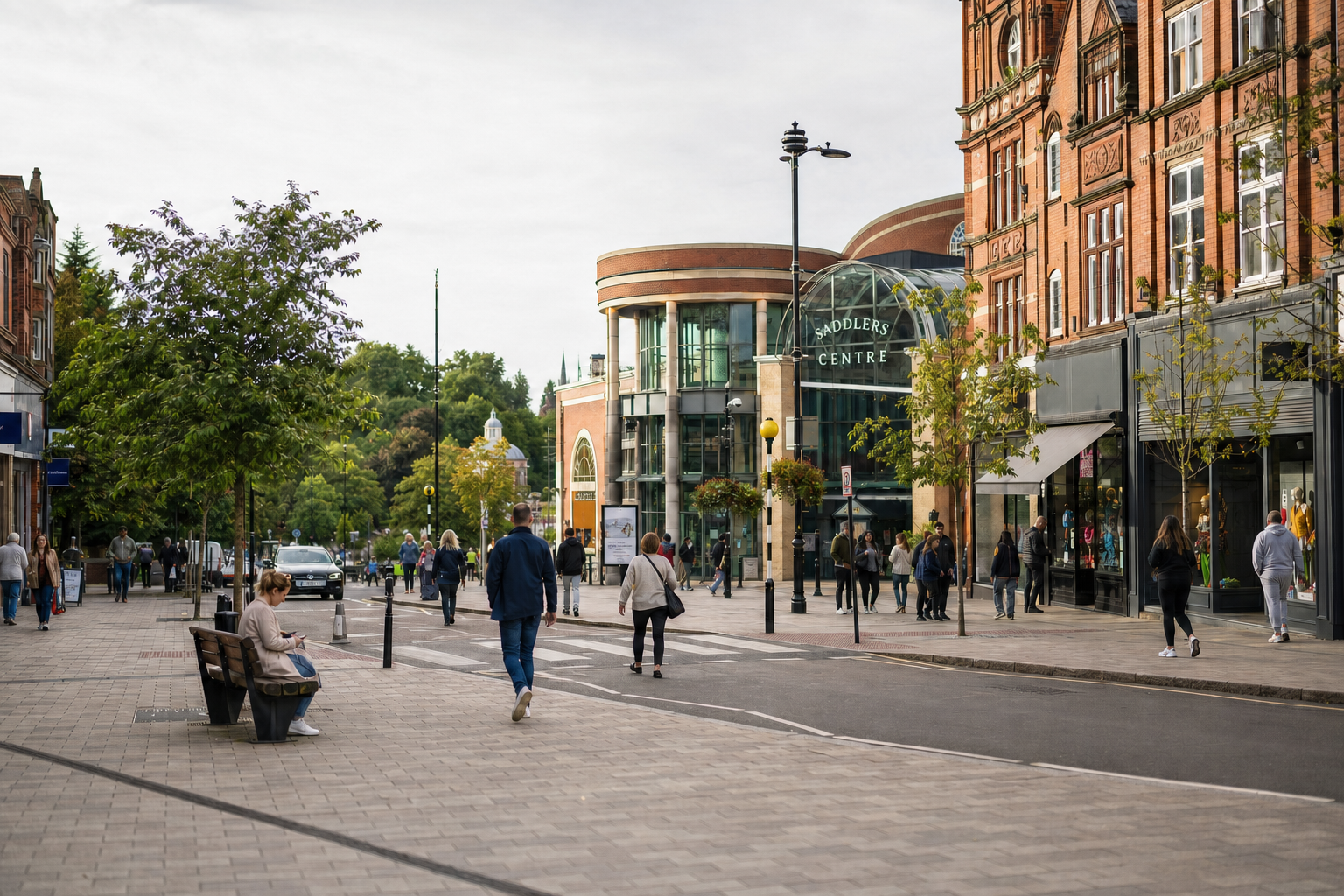 Pedestrians walk on a bustling street near the Saddlers Centre, surrounded by shops and trees.