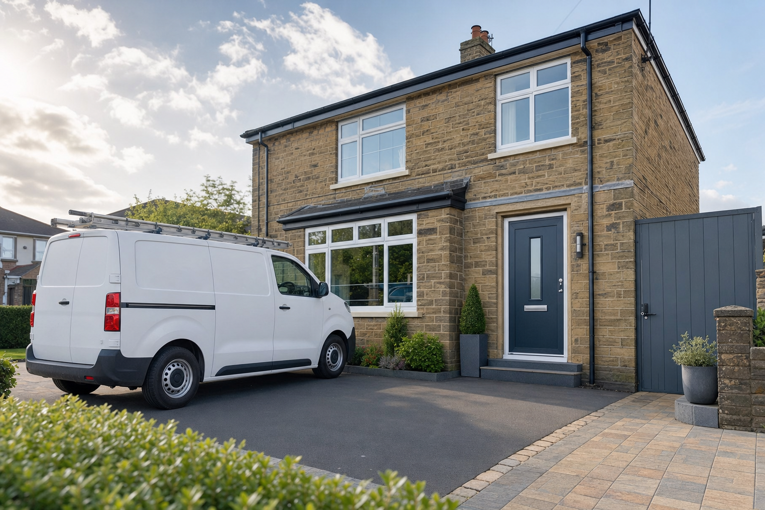 A white van with a roof ladder is parked in the driveway of a two-storey brick house under a clear sky.