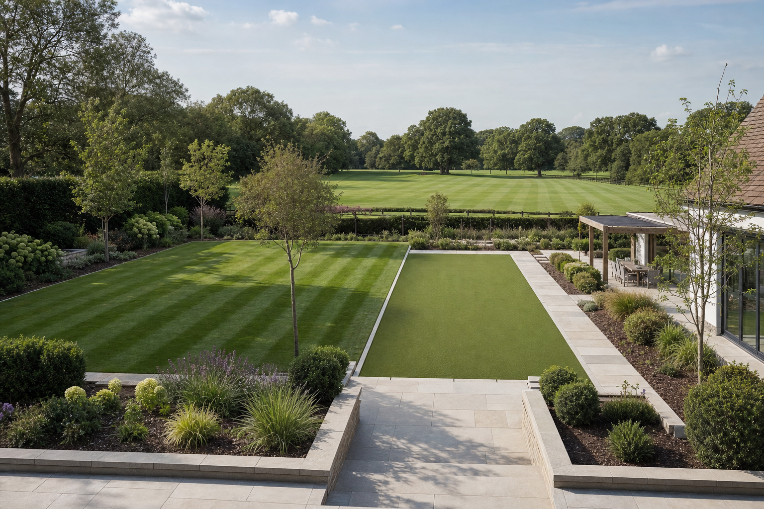 A landscaped garden with manicured lawns, flower beds, and a patio area overlooking a vast, open green field.