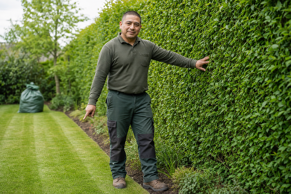 A gardener in green clothing stands beside a well-kept hedge, pointing to the grass with a bag of clippings in the