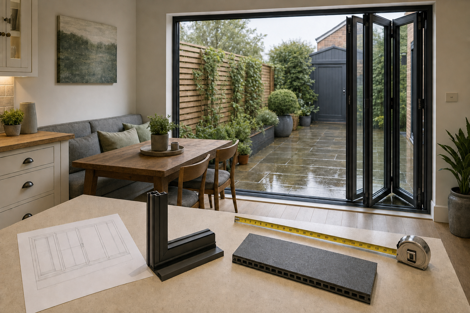 Open bi-fold doors connect a modern kitchen-diner to a wet garden patio, with plans and materials on the countertop.