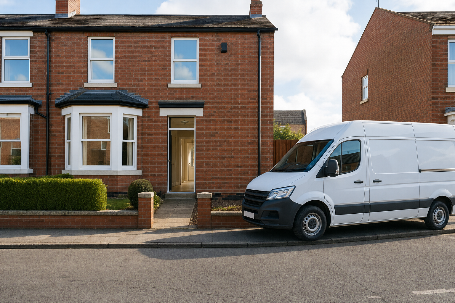 White delivery van parked outside a red-brick terraced house with an open front door.