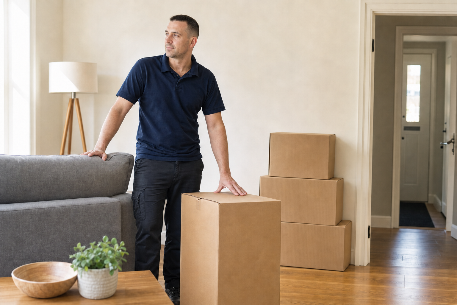 Man in a navy shirt standing in a living room with cardboard boxes, appearing to be moving in or out.