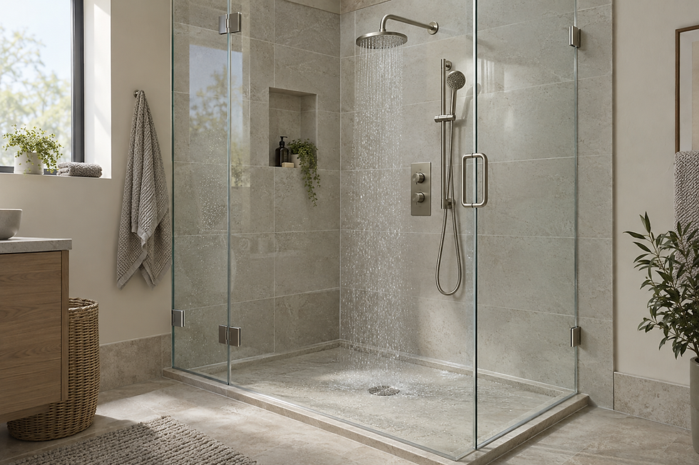A modern glass-enclosed shower with grey tiles, a rain showerhead, and a neatly organised bathroom space.