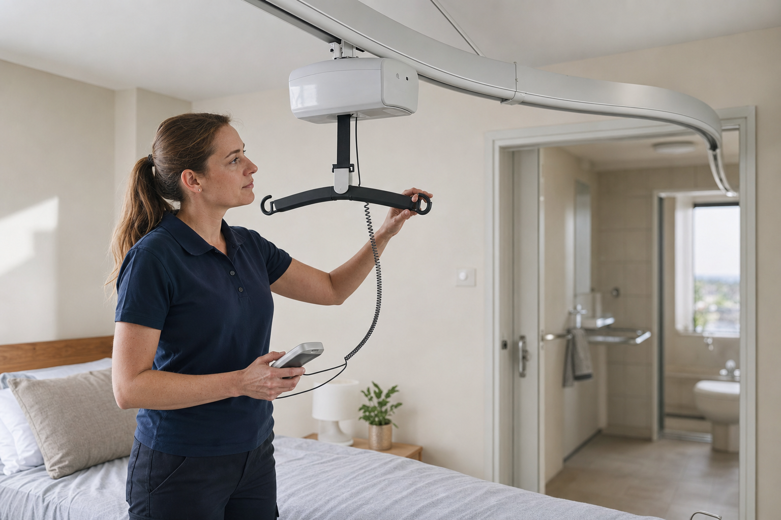 A woman in a navy polo shirt adjusts a ceiling track hoist in a bedroom with an en-suite bathroom.