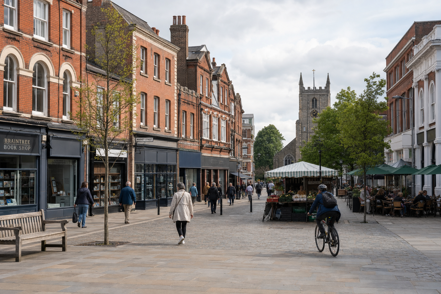 A bustling pedestrian street with historical brick buildings, market stalls, and a church tower in the background.