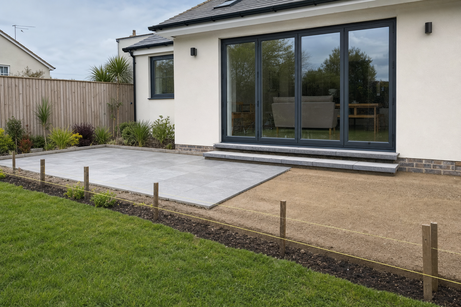 Modern patio with grey tiles and glass doors, next to a garden area marked by string and posts for landscaping.
