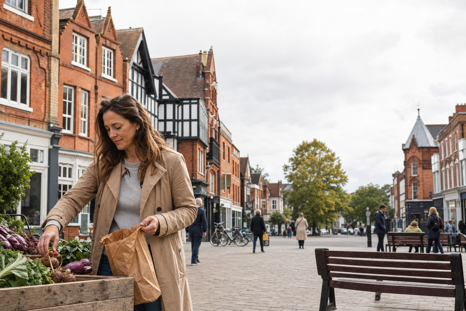 Woman in a beige coat selects vegetables from a market stall on a quaint town street.