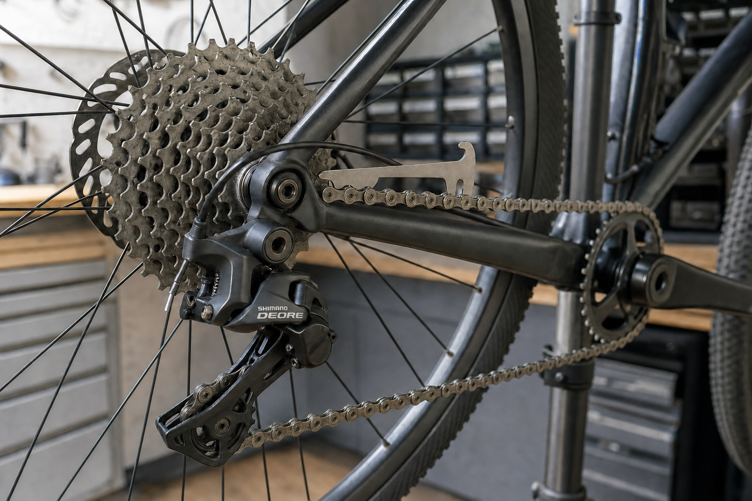 Close-up of a bicycle's rear gear mechanism with a Shimano Deore derailleur in a workshop setting.