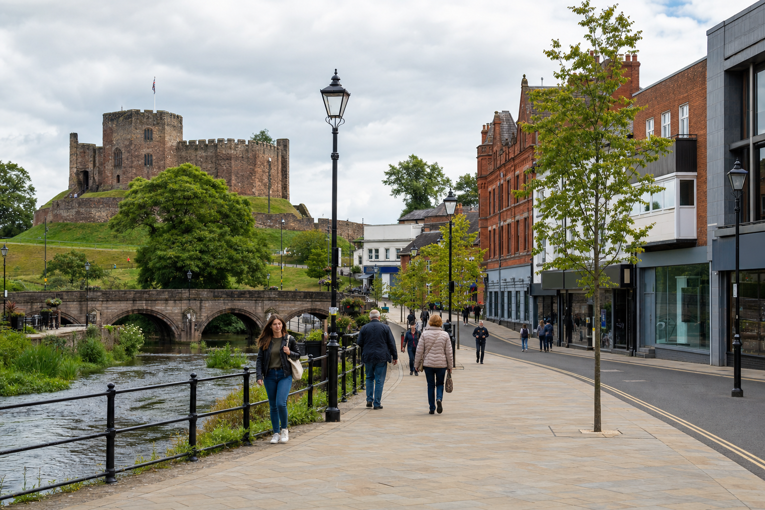 A scenic view of an English castle near a quaint riverside street with pedestrians and historic architecture.