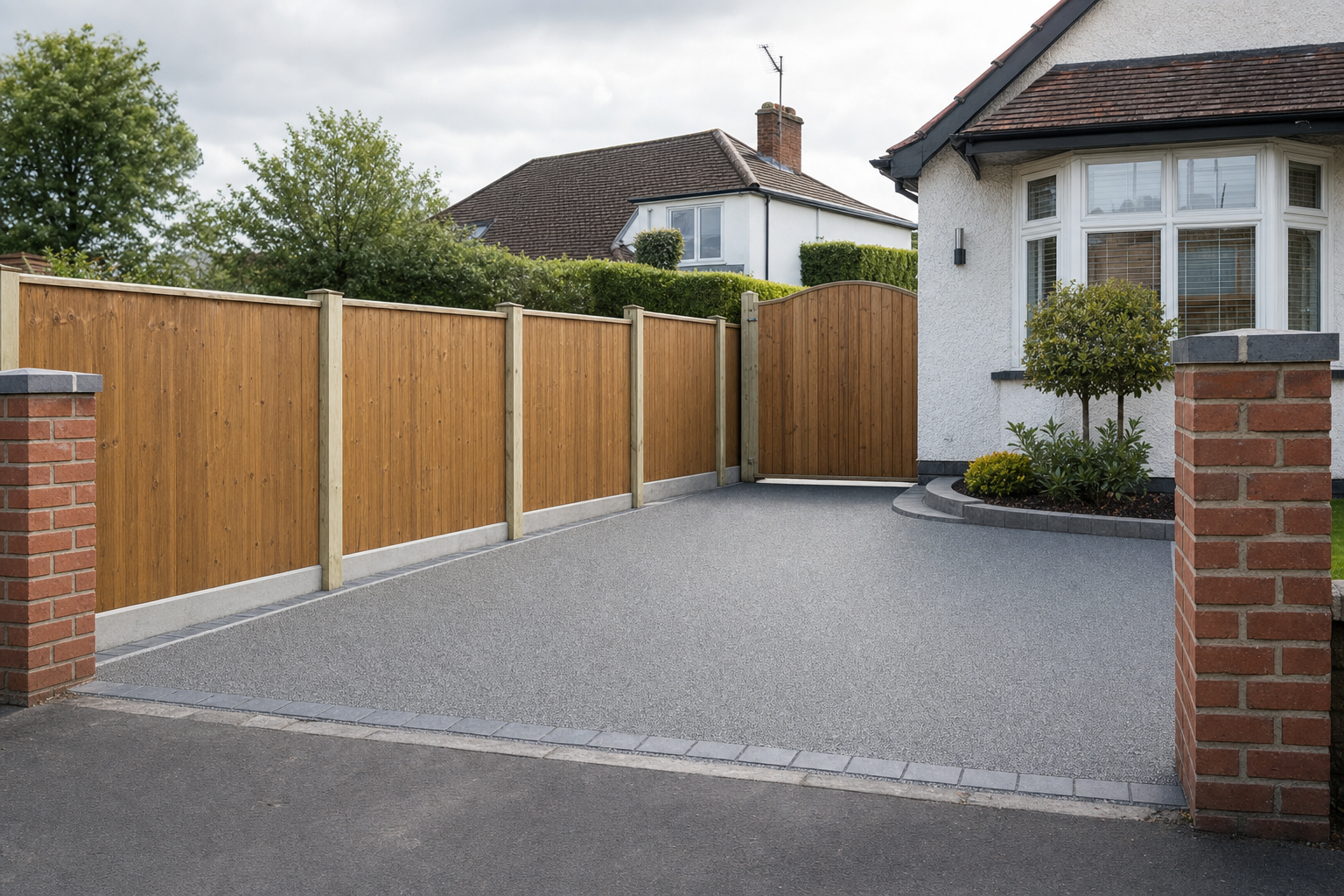 A modern house entrance with a wooden gate and fence, bordered by red brick pillars and a neatly paved driveway.