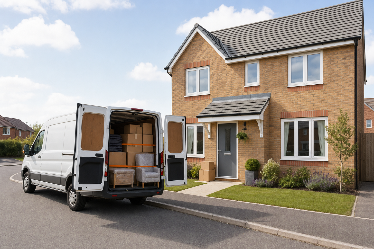 A white van with open doors is parked outside a suburban house, loaded with cardboard boxes and furniture.