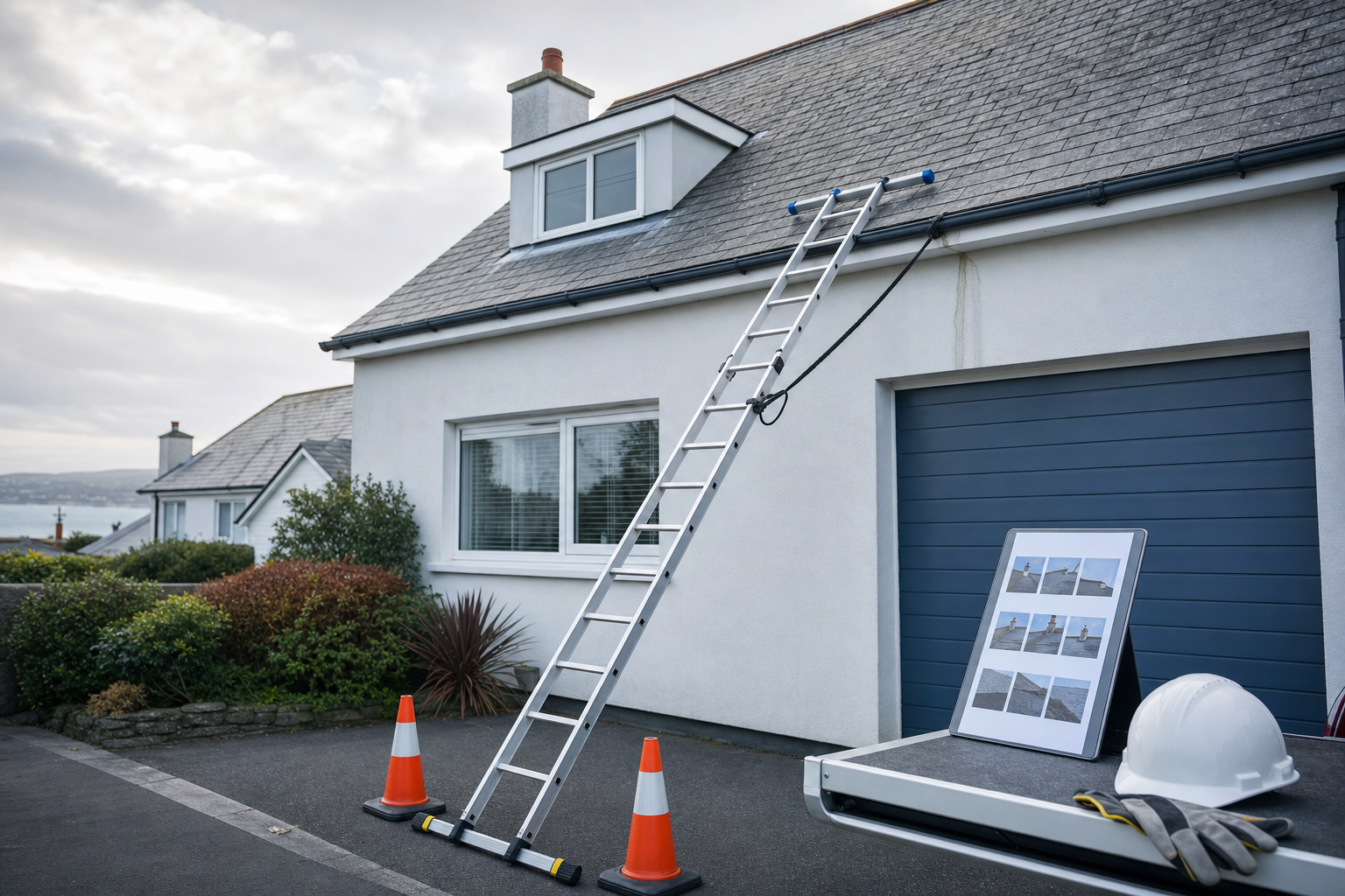 A ladder leans against a house near a garage, with safety cones, a hard hat, and tablet displaying roof photos nearby.
