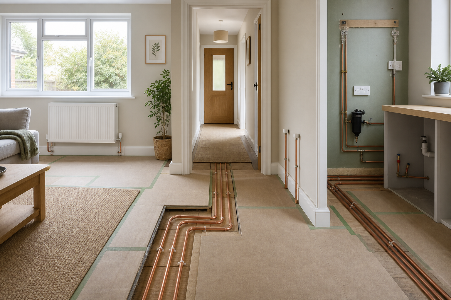 Modern living room with exposed underfloor copper piping and a hallway leading to a wooden door.