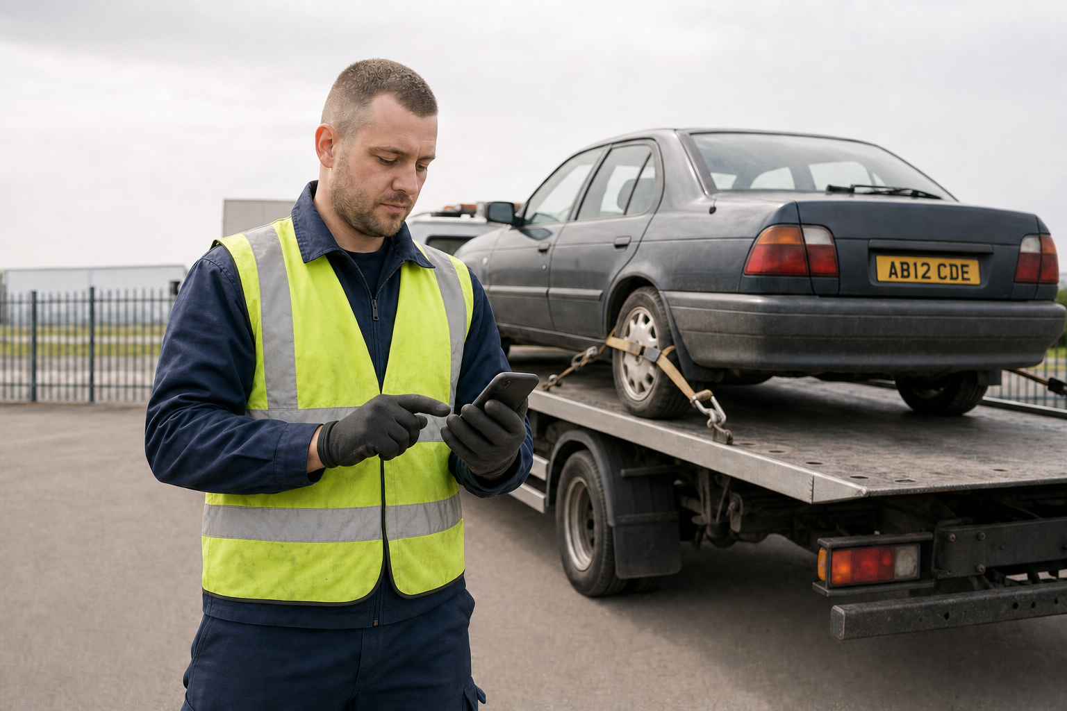 A man in a high-visibility vest uses a smartphone beside a car secured on a flatbed tow truck.