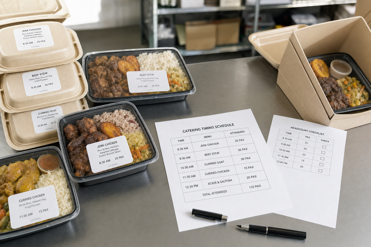 Packed catering meals with labels beside a catering timing schedule and checklist on a stainless steel surface.