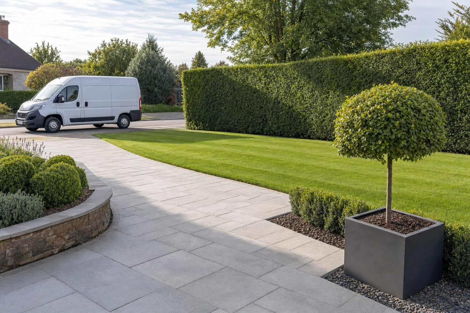 A white van is parked on a driveway beside a neatly manicured garden with hedges and a potted tree.