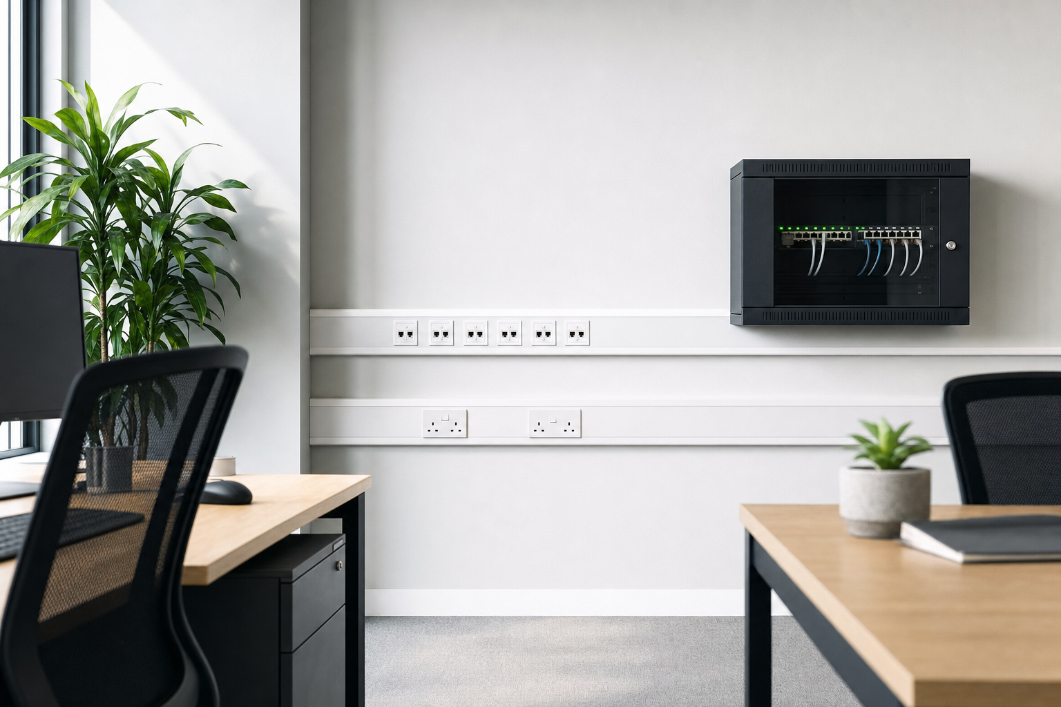 Modern office with a network cabinet on the wall, plants, and desks with minimal decor.