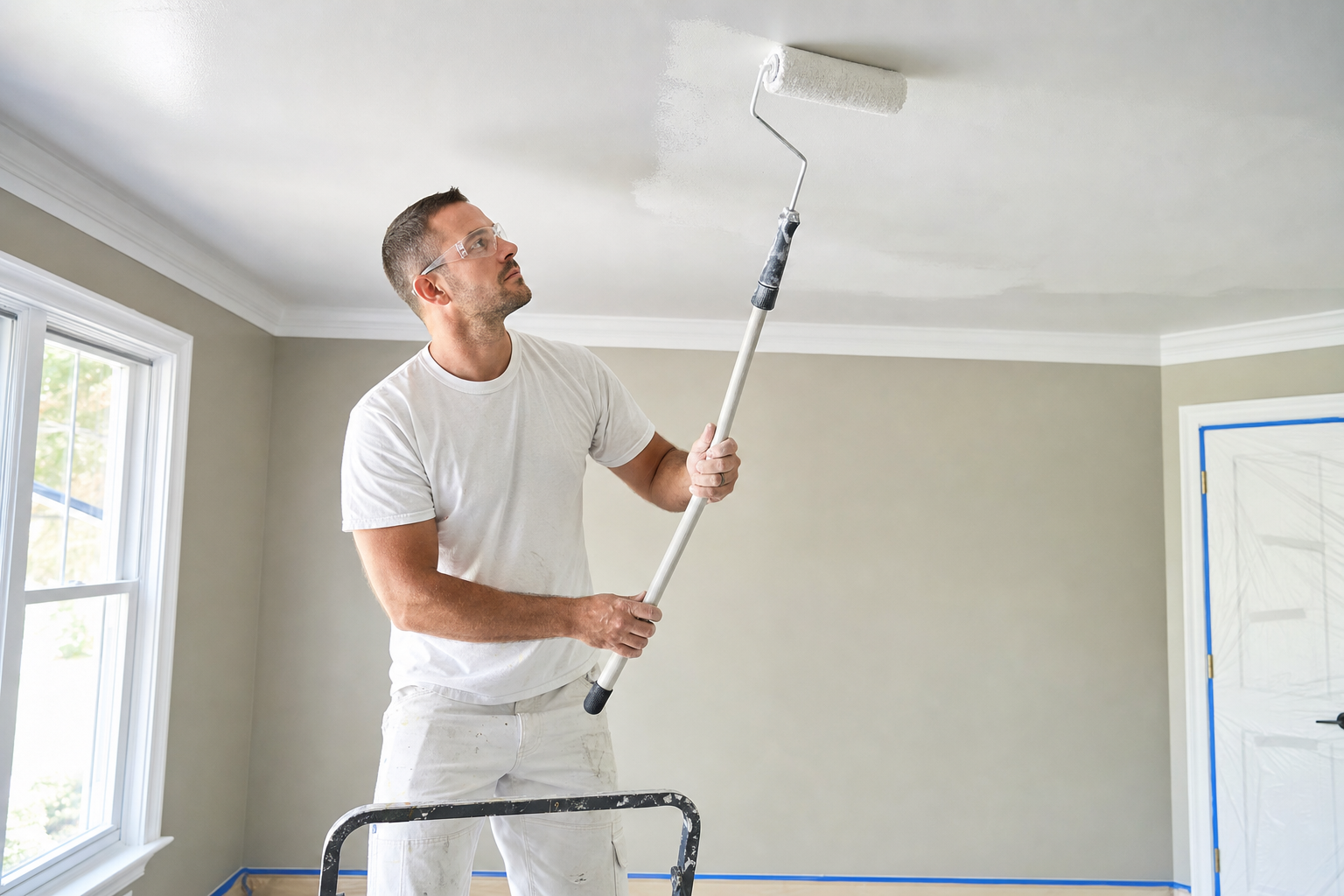 A man painting a ceiling white with a roller, standing on a step ladder in a well-lit room.