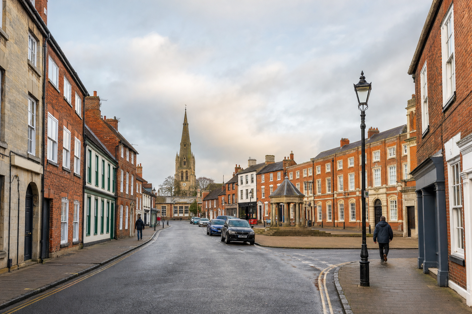 A quaint street with brick buildings, a church spire, and two people walking, under a cloudy sky.