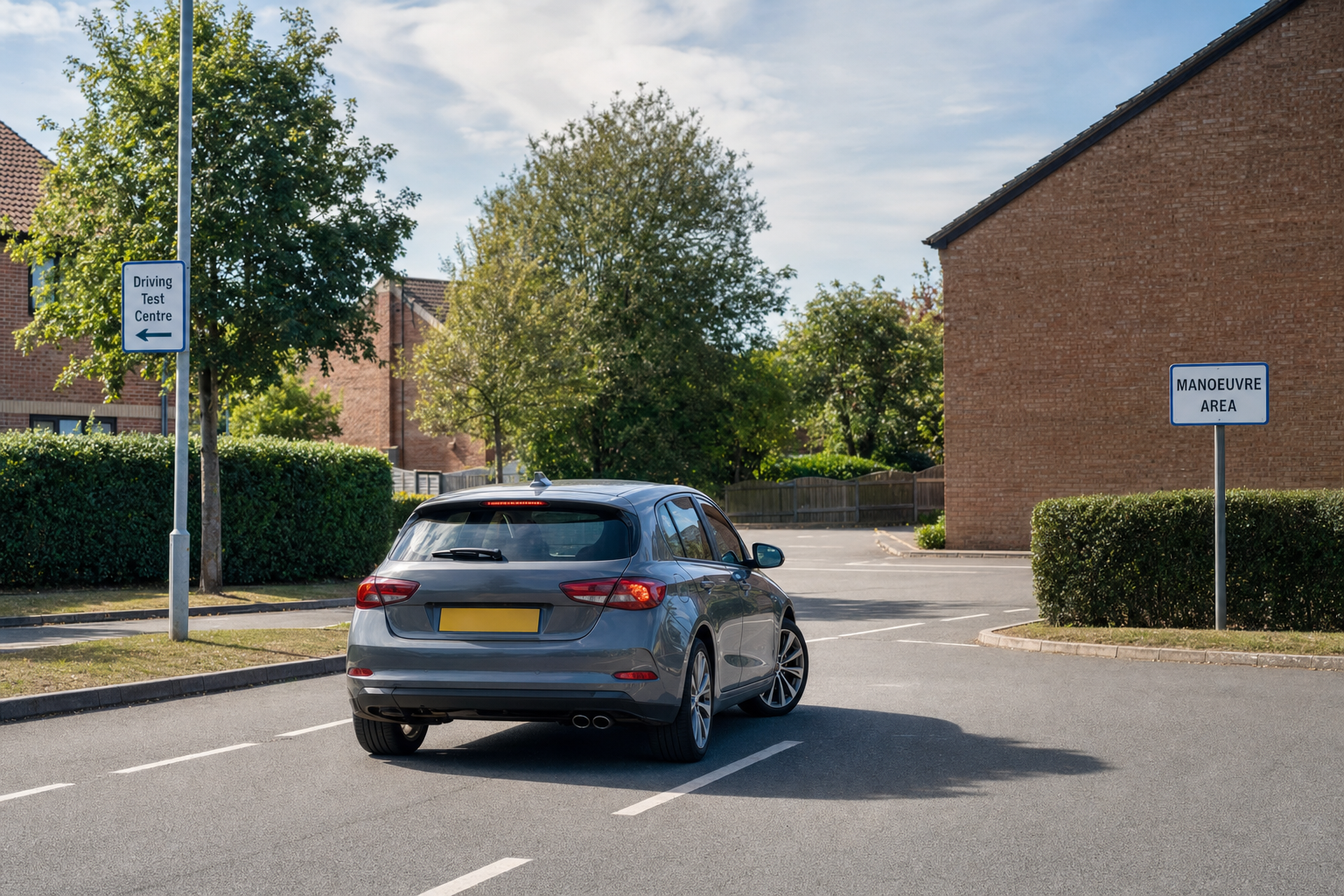 A car approaching the manoeuvre area outside a driving test centre on a sunny day.