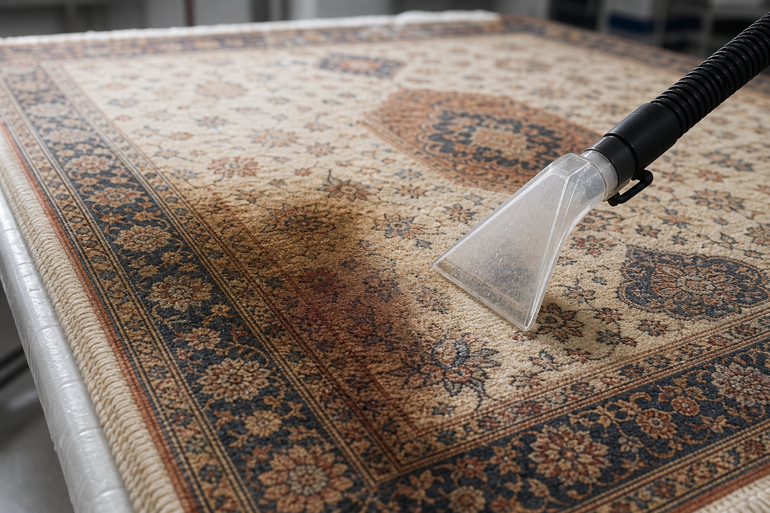 Hoover vacuuming a patterned carpet, showing a clean streak through a dusty area.