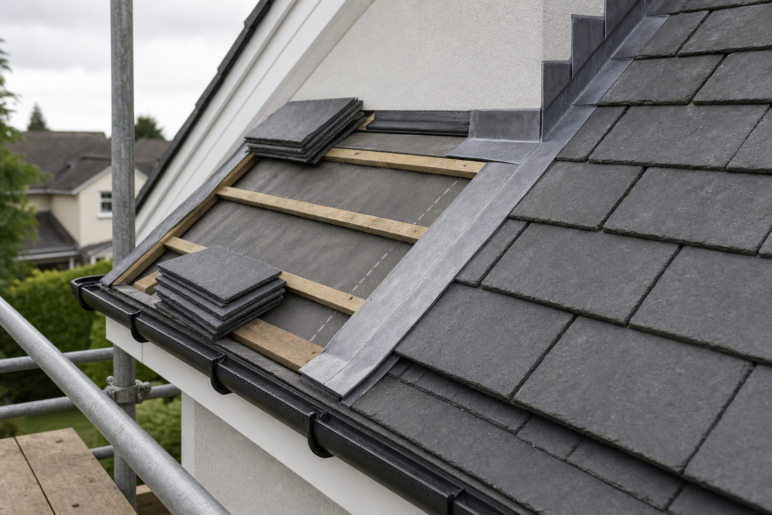 Slate roof under construction with exposed wooden battens and stacks of tiles, viewed from a scaffold.