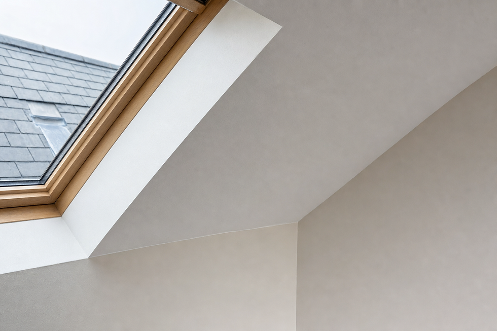 Large skylight window with wooden frame set in a grey tiled roof, viewed from inside a room.