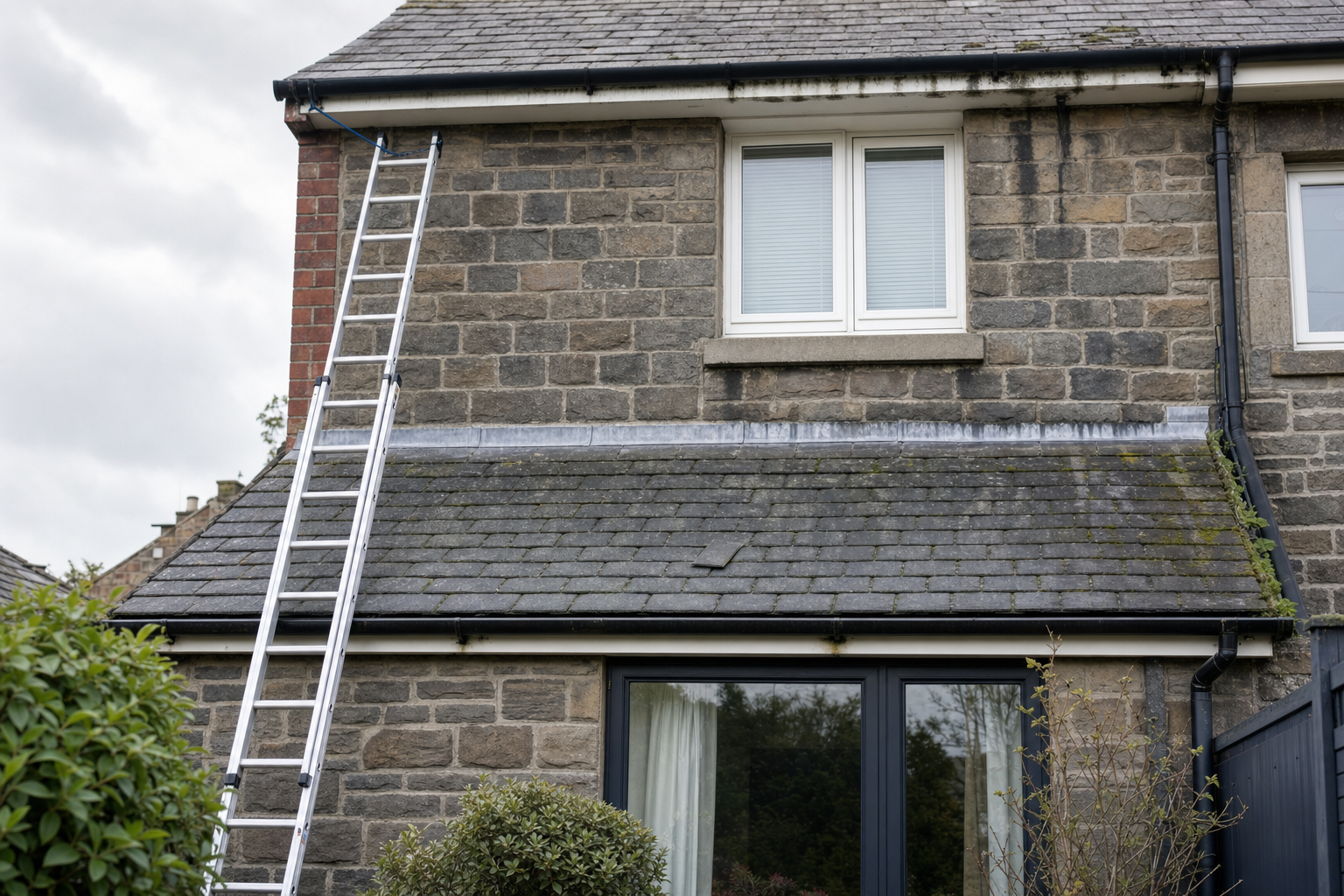 A stone house with a ladder leaning against the roof, next to a window and a garden bush in the foreground.