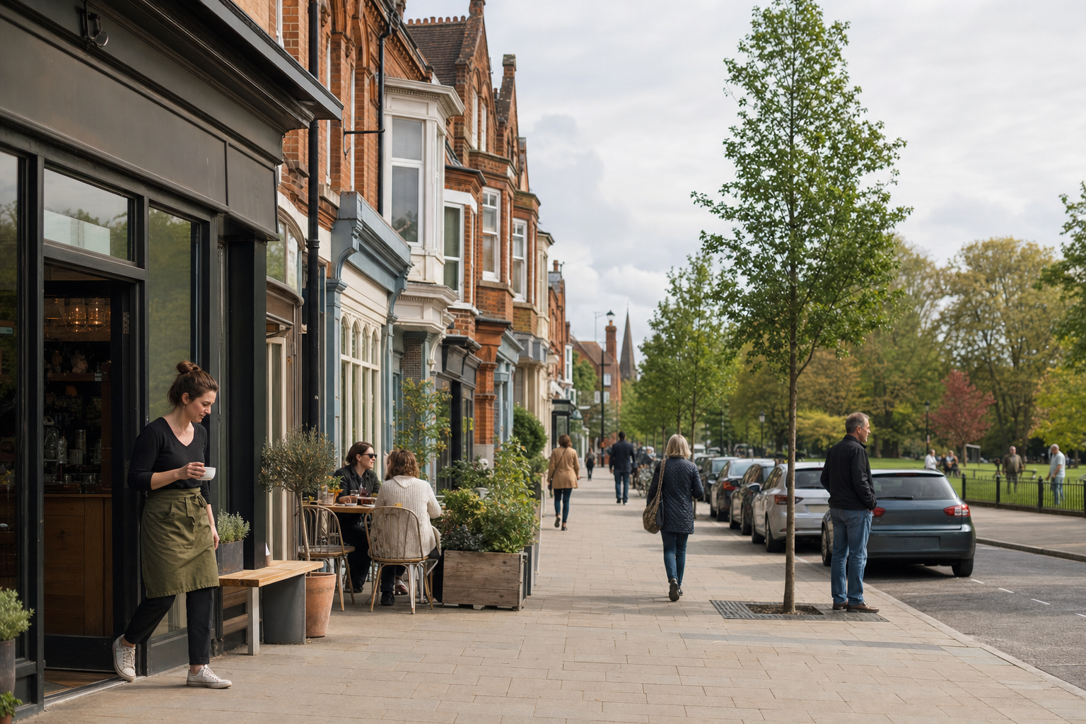 A woman with a coffee stands outside a café on a bustling street with trees and parked cars.