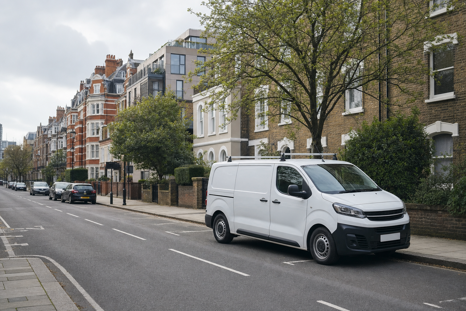 White van parked on a quiet city street lined with red-brick and modern buildings.