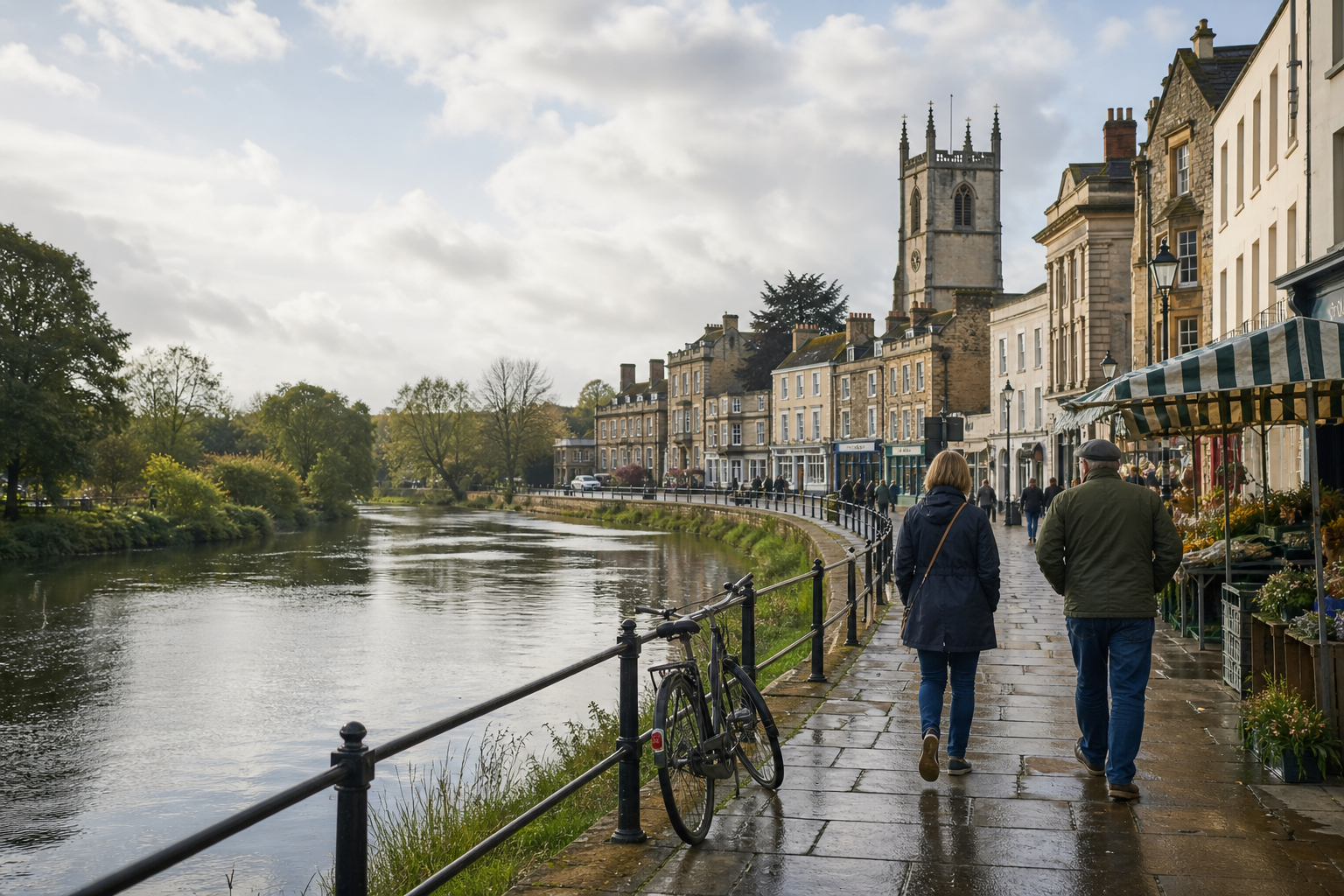Two people walk along a riverside path lined with historic buildings and a bicycle, under a cloudy sky.
