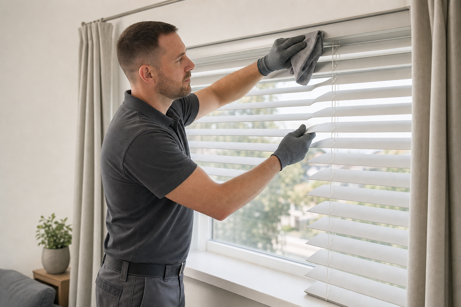 Man in gloves cleaning venetian blinds with a cloth in a bright room.