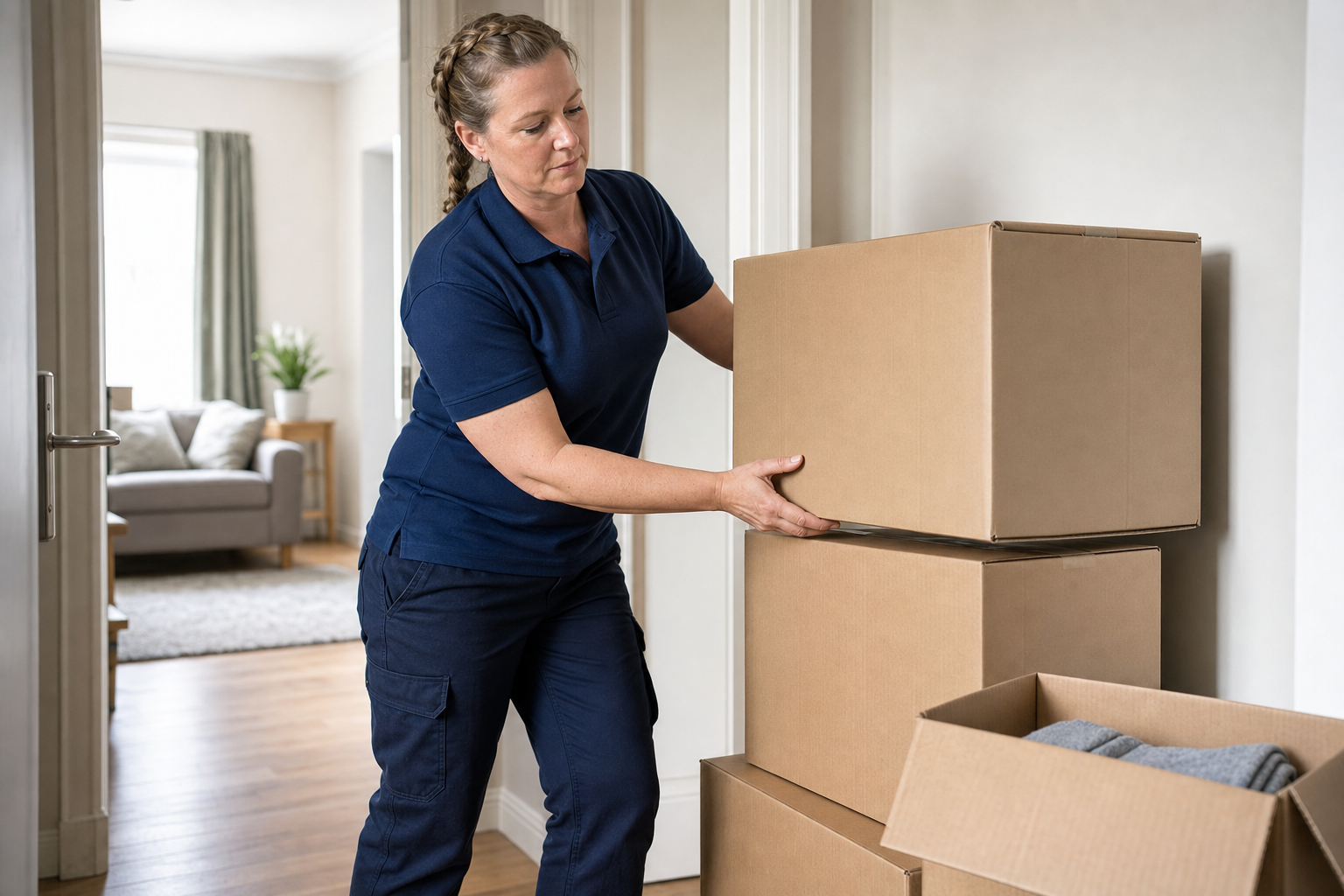 A woman in a blue uniform stacks cardboard boxes in a hallway with a view of a furnished living room.