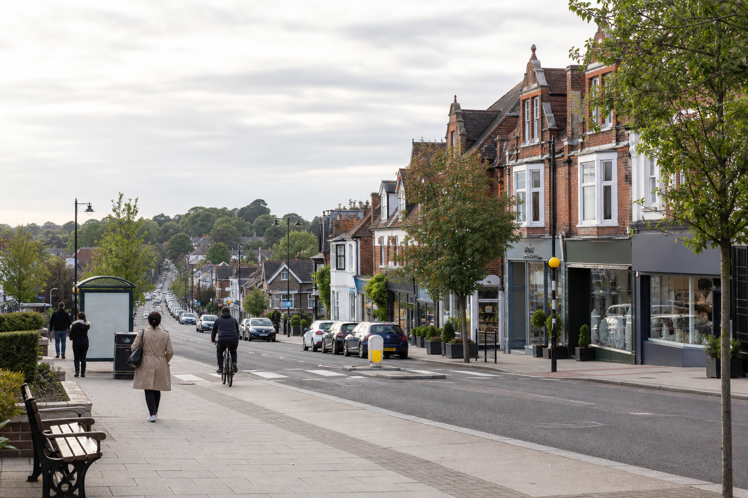 A street with people walking and cycling, bordered by shops and trees, on an overcast day with a view of houses in the distance.