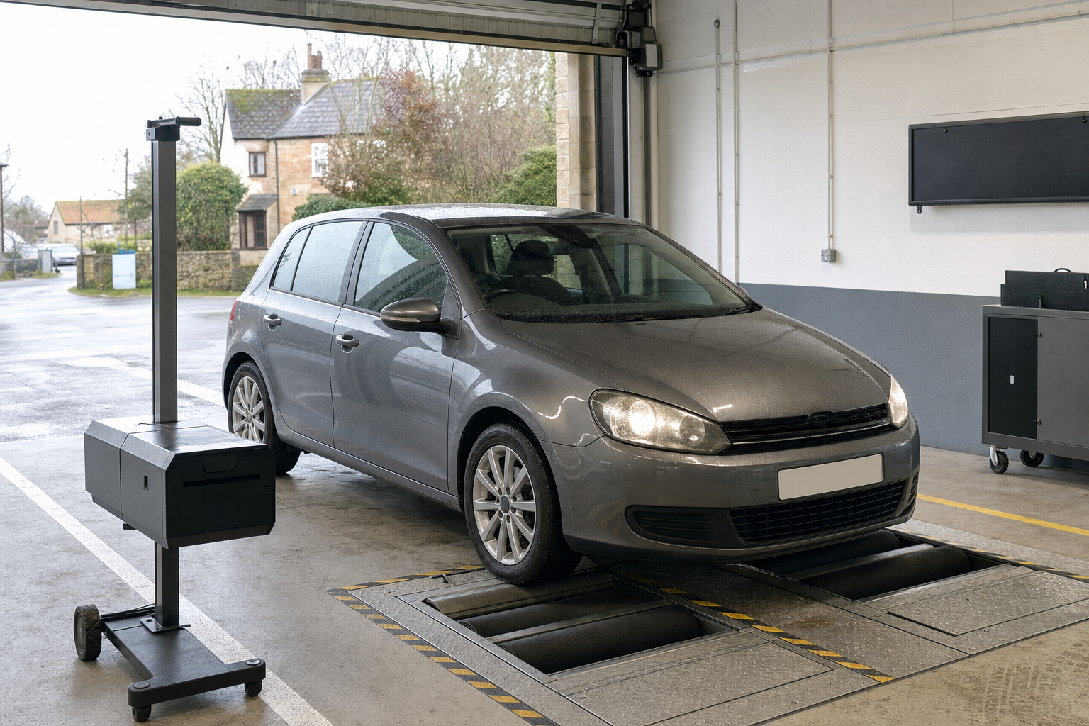 A grey car undergoes an emissions test in a garage with equipment in the foreground.