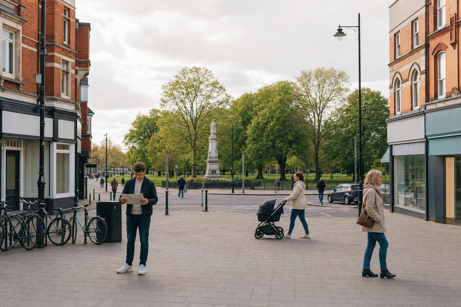 A person looks at a map on a city street near a park with a monument and people walking.