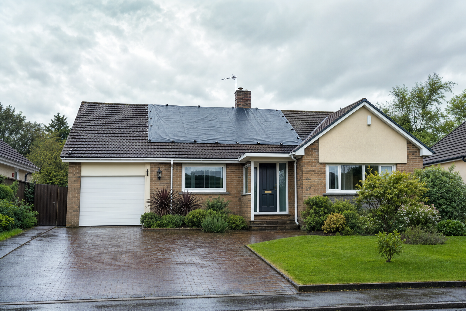 A detached house with a tarpaulin on the roof, set in a suburban area with a wet driveway and green garden.