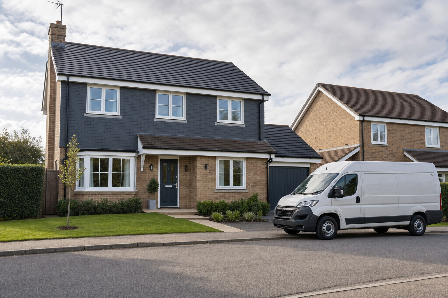 Modern two-storey house with a white van parked in the driveway on a sunny day.